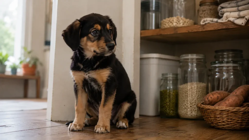 Young puppy sitting beside pantry jars with grains, legumes, and pet food storage for a grain free puppy food guide