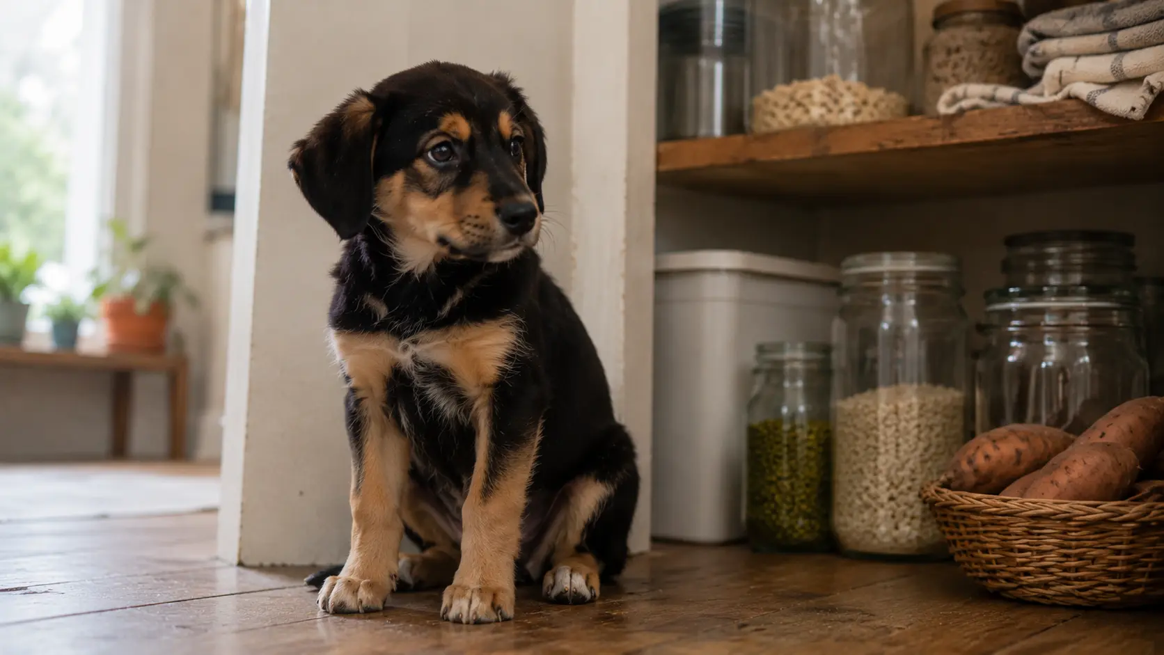 Young puppy sitting beside pantry jars with grains, legumes, and pet food storage for a grain free puppy food guide