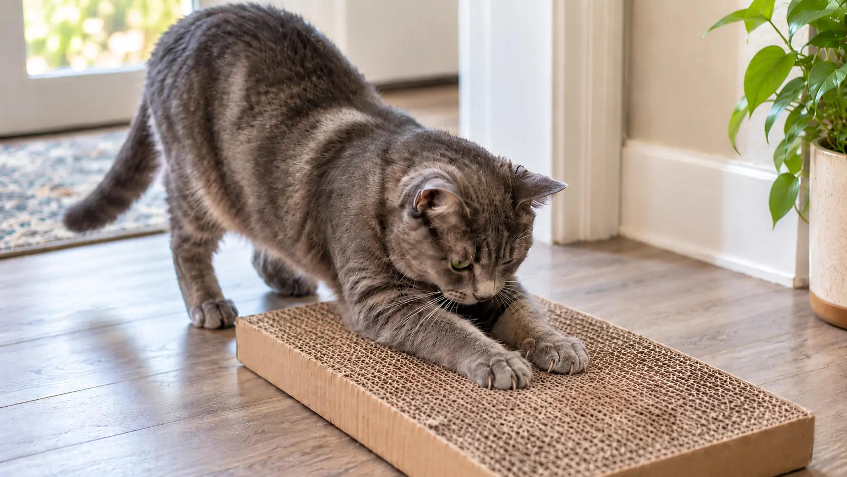 Gray tabby cat scratching a rectangular corrugated cardboard pad on a wooden floor.