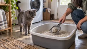 Gray cat watching an owner scoop a clumping litter box