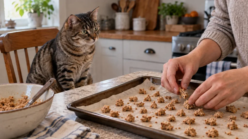 Tabby cat watching homemade cat treats on a baking tray
