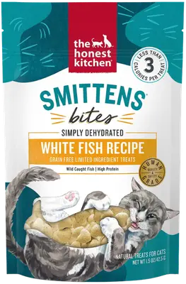 The Honest Kitchen Smittens White Fish cat treat bag with heart-shaped fish treats