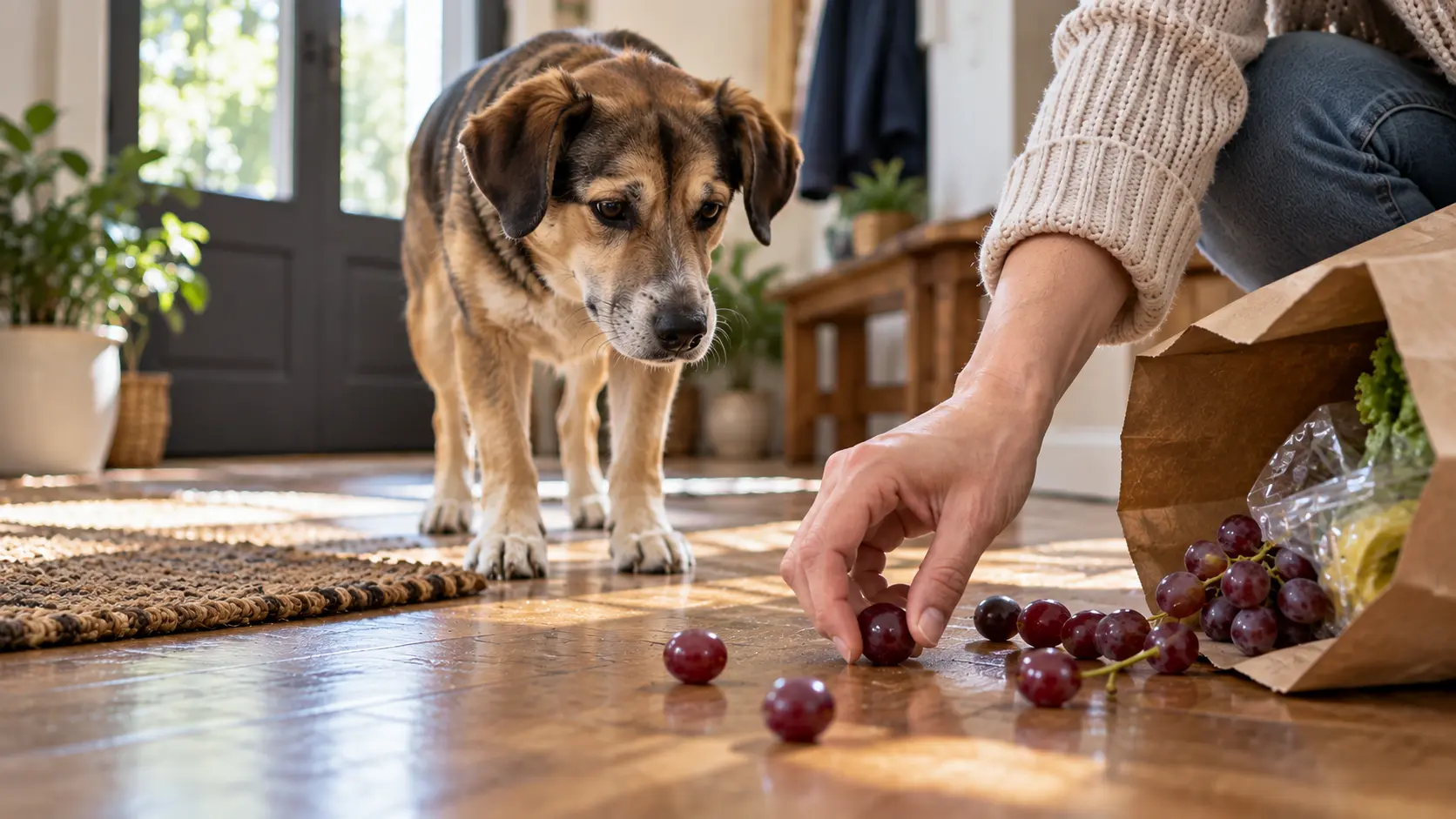 Dog watching as an owner picks up spilled grapes from the floor