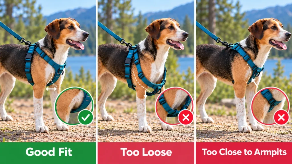Dog harness fit comparison showing a good fit, a loose fit, and straps too close to the armpits