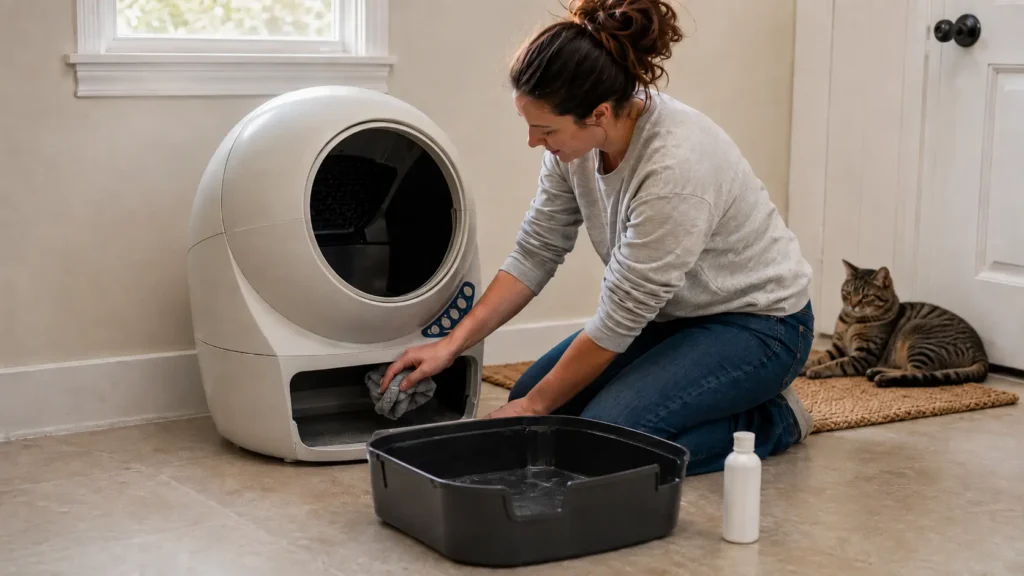 Woman wiping the open waste-drawer compartment of an automatic litter box while a tabby cat rests nearby