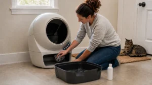 Woman wiping the open waste-drawer compartment of an automatic litter box while a tabby cat rests nearby