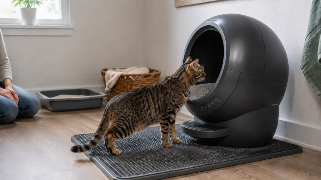 Tabby cat cautiously investigating a Litter-Robot with a traditional litter box nearby.