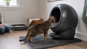 Tabby cat cautiously investigating a Litter-Robot with a traditional litter box nearby.
