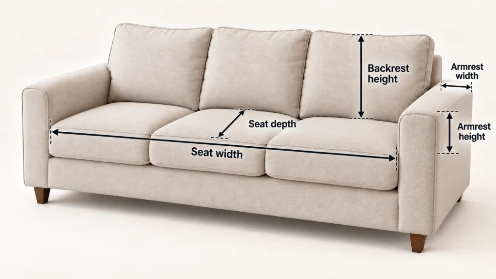 Sofa measurement diagram showing seat width, seat depth, backrest height, armrest width, and armrest height.