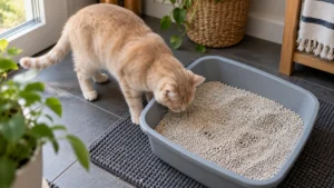 Cream-colored cat inspecting fresh litter in a gray litter box