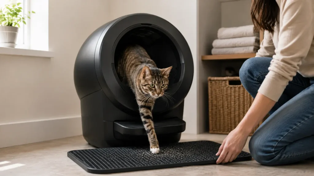 Tabby cat stepping out of a black automatic litter box while an owner adjusts the litter mat