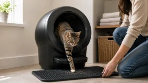 Tabby cat stepping out of a black automatic litter box while an owner adjusts the litter mat