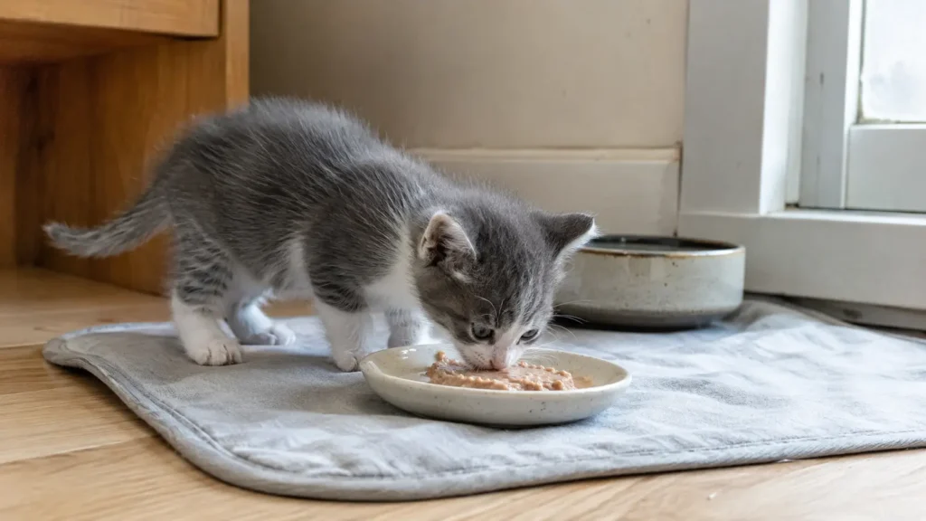 Young gray-and-white kitten eating softened food from a shallow dish during weaning