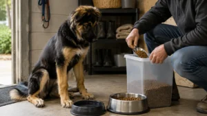 Large-breed puppy waiting while an owner measures dry puppy food into a bowl