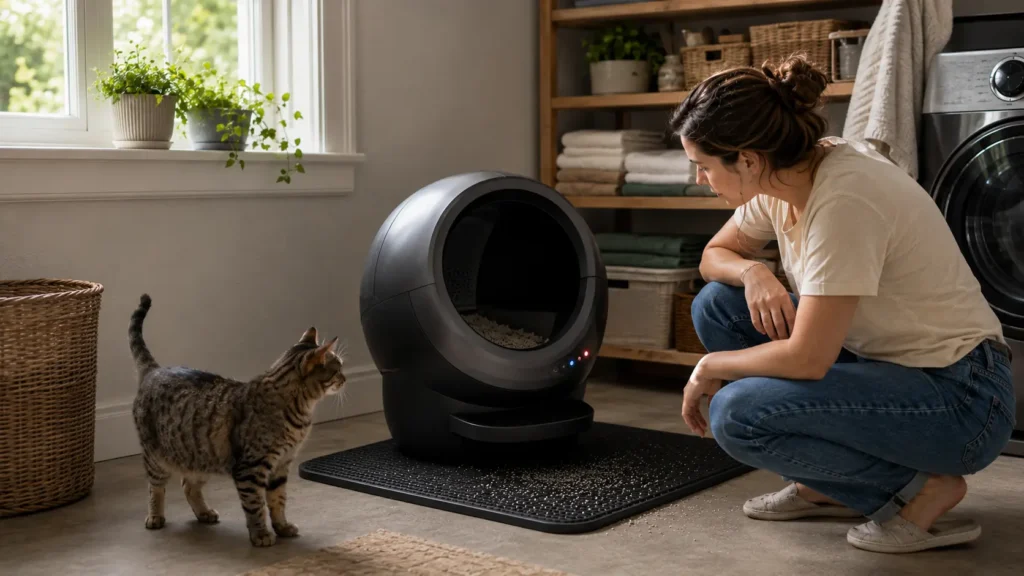 Woman checking warning lights on a Litter-Robot that is not cycling while a tabby cat stands nearby.