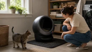 Woman checking warning lights on a Litter-Robot that is not cycling while a tabby cat stands nearby.