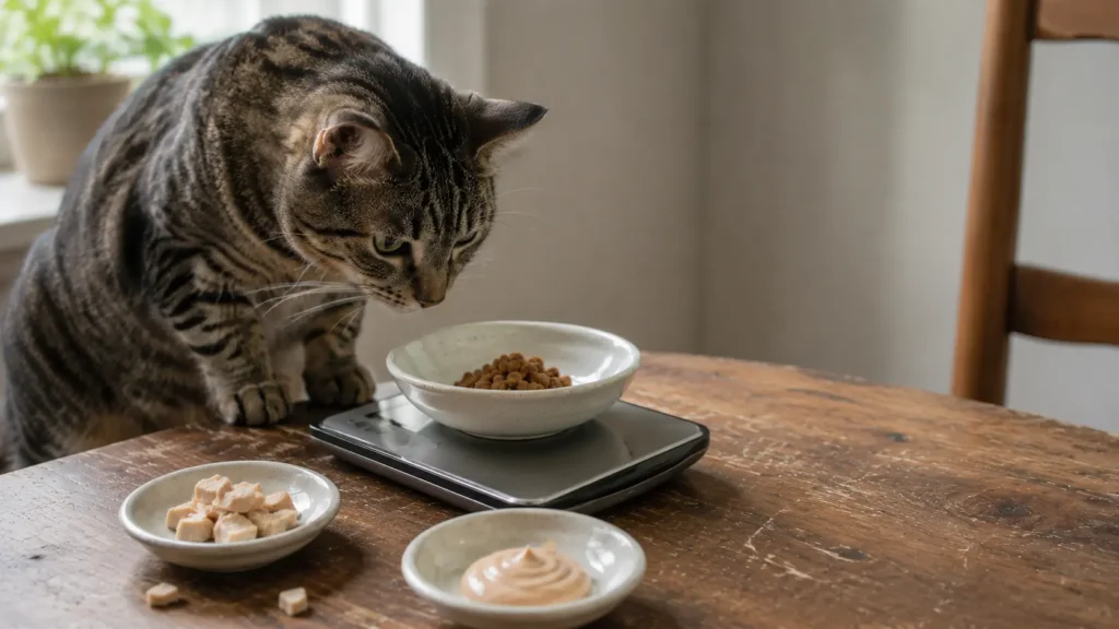 Tabby cat inspecting small portions of low-calorie cat treats on a kitchen scale.