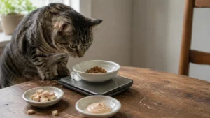 Tabby cat inspecting small portions of low-calorie cat treats on a kitchen scale.