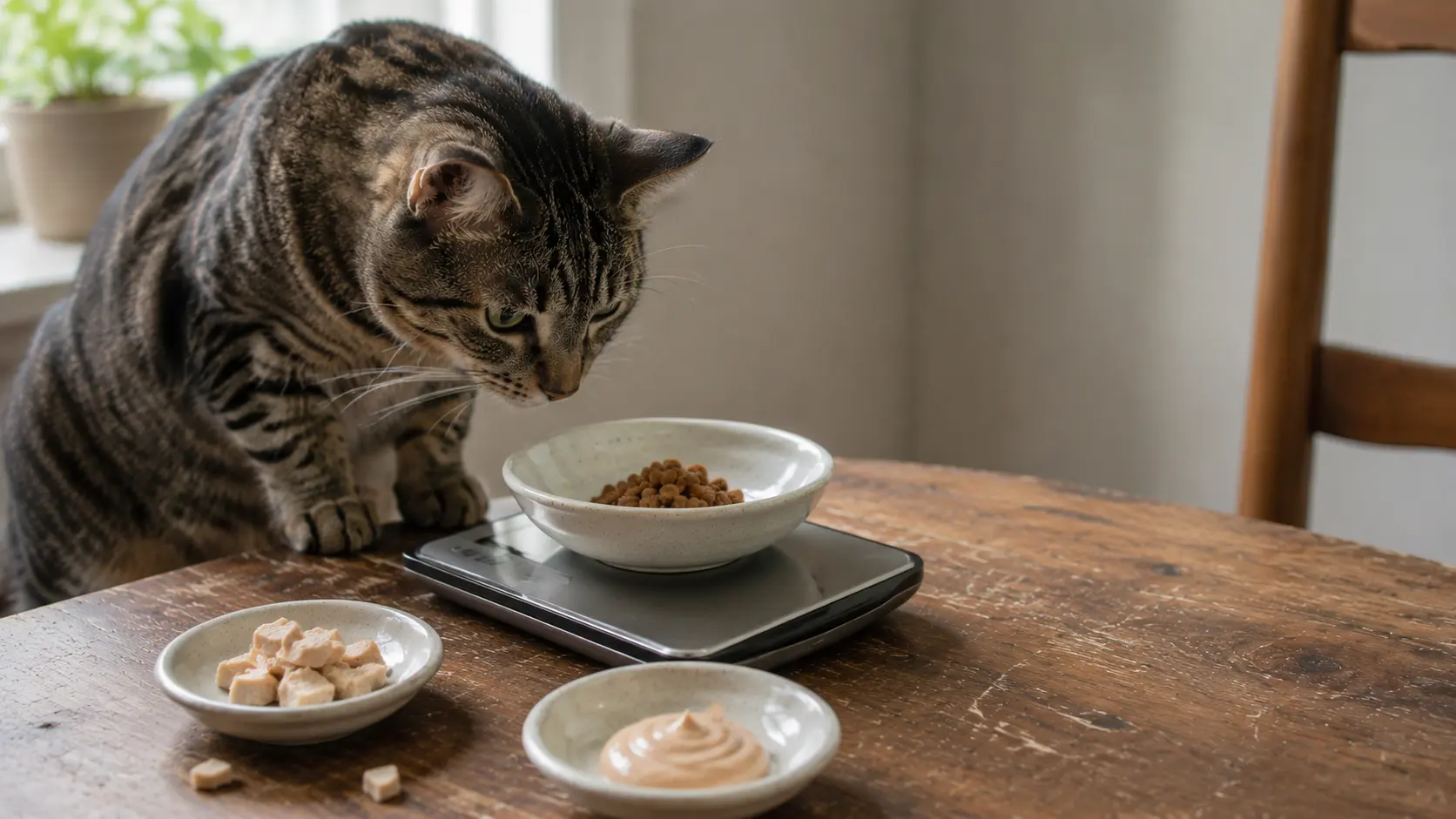 Tabby cat inspecting small portions of low-calorie cat treats on a kitchen scale.