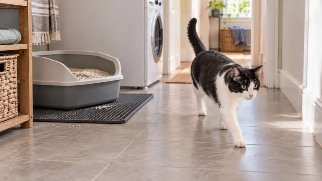 Black-and-white cat walking away from a low tracking cat litter box with only a few granules near the mat.