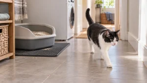 Black-and-white cat walking away from a low tracking cat litter box with only a few granules near the mat.