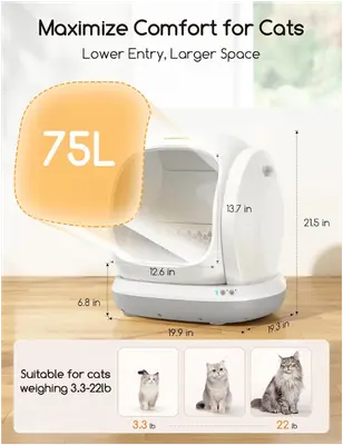 Meowant SC02 automatic litter box showing a 19.9 by 19.3-inch footprint, 21.5-inch height, 6.8-inch entry, and 3.3 to 22-pound cat range.