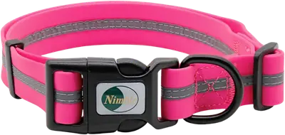 NIMBLE waterproof dog collar with a reflective strip, quick-release buckle, and coated metal D-ring.