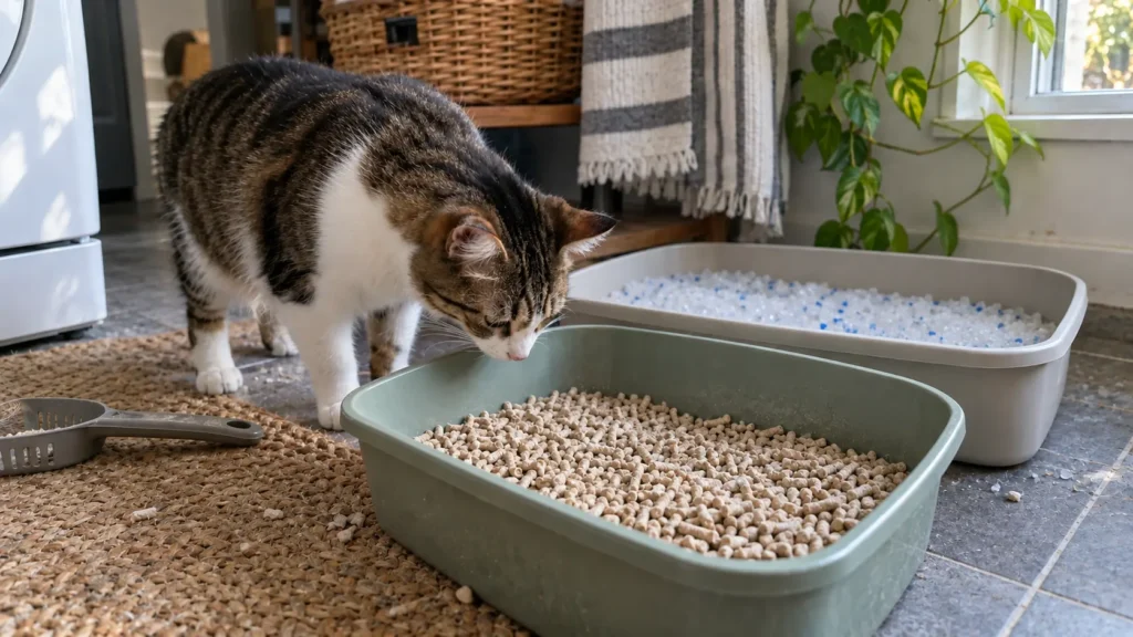 Tabby cat comparing pellet and crystal non-clumping cat litter in two litter boxes