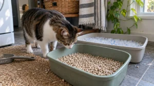 Tabby cat comparing pellet and crystal non-clumping cat litter in two litter boxes