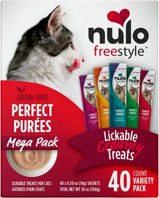 Nulo FreeStyle Perfect Purees variety pack with individual cat treat tubes