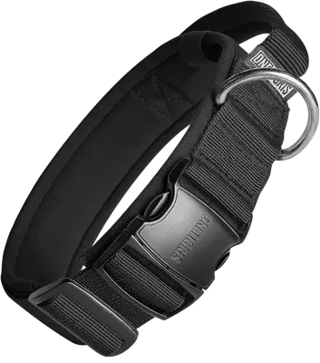 Black OneTigris tactical dog collar with metal buckle, padded lining, and control handle