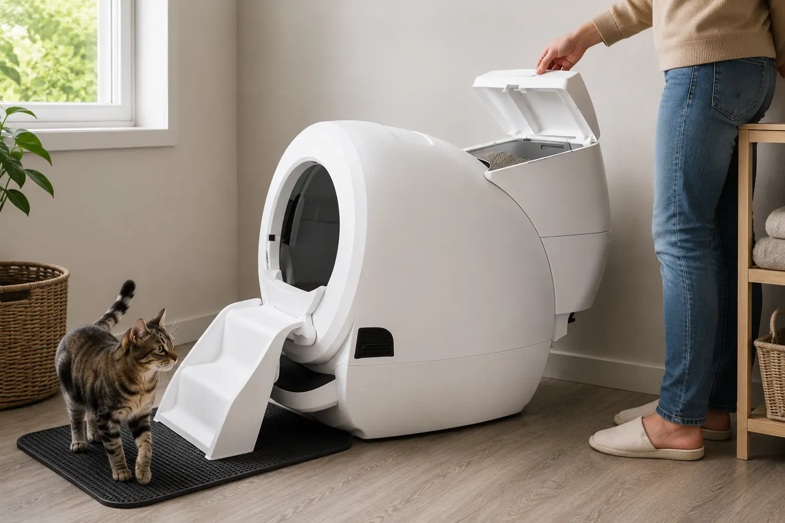 Owner checking the rear litter hopper on an automatic litter box while a tabby cat stands nearby