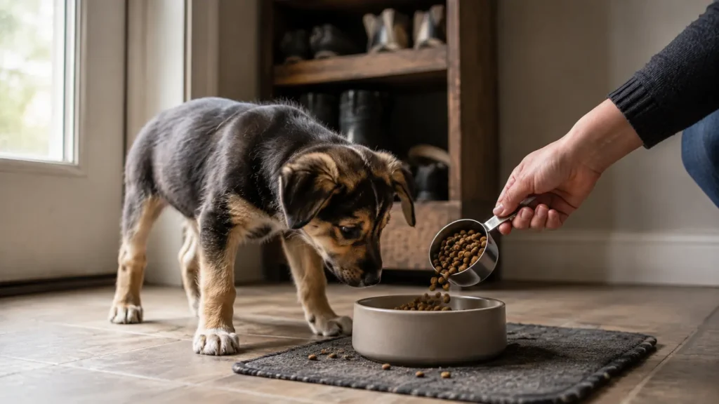 Young puppy watching as dry food is measured into its bowl