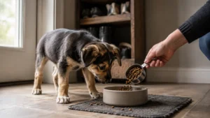 Young puppy watching as dry food is measured into its bowl