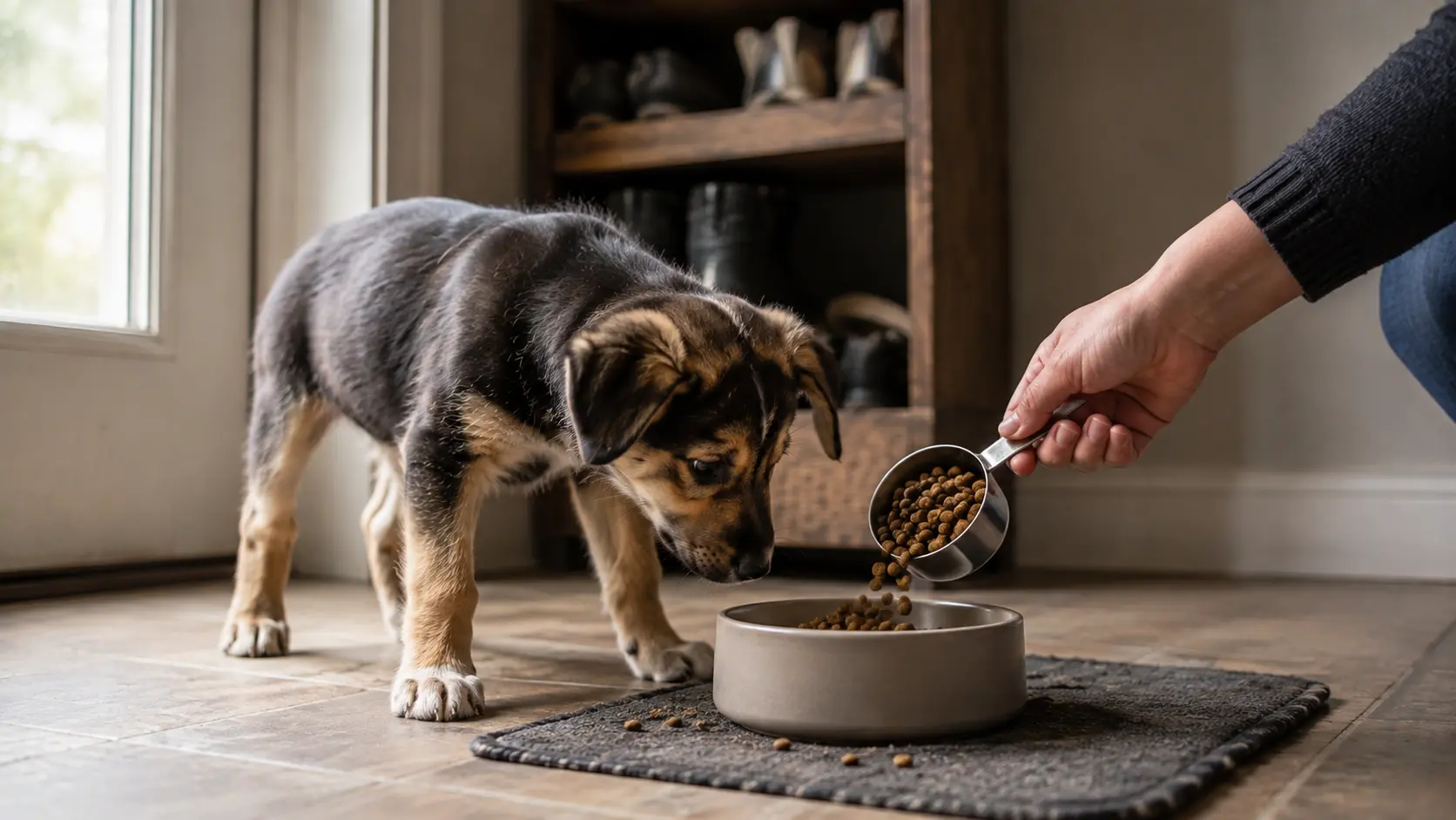 Young puppy watching as dry food is measured into its bowl