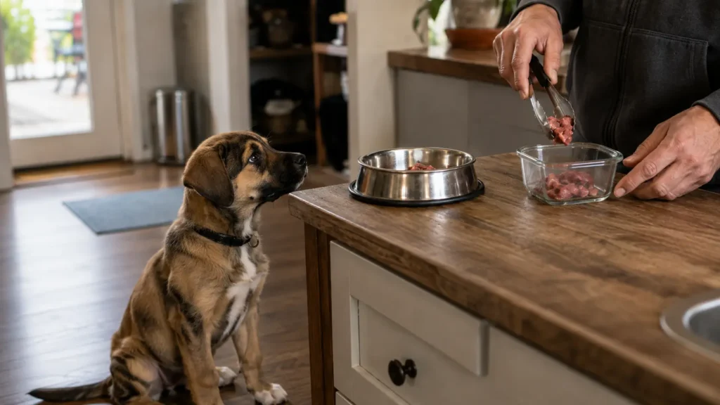 Young puppy watching raw food being prepared on a kitchen counter.