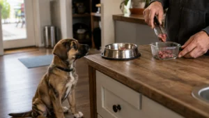 Young puppy watching raw food being prepared on a kitchen counter.