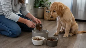 Puppy feeding schedule with an owner dividing kibble into three meal portions while a young puppy watches.