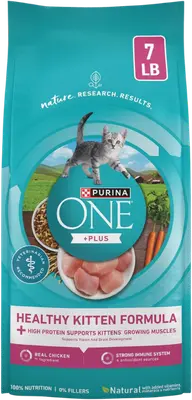 Purina ONE Plus Healthy Kitten chicken dry cat food in a seven-pound bag