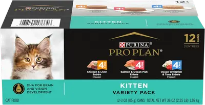 Purina Pro Plan Development wet kitten food variety pack with 12 three-ounce cans