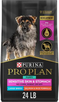 Purina Pro Plan Sensitive Skin and Stomach Large Breed Salmon and Rice puppy food bag