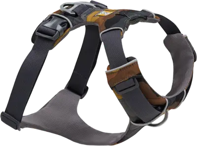 Gray Ruffwear Front Range dog harness showing padded chest panels and adjustable straps