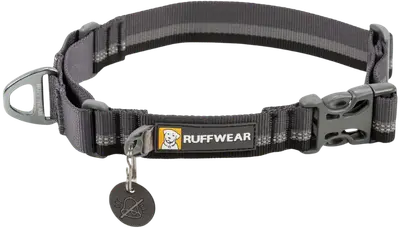 Gray Ruffwear Web Reaction martingale collar with reflective webbing, side-release buckle, V-ring, and tag silencer