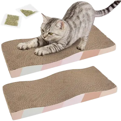Two SIDAZON curved corrugated cardboard cat scratch pads with patterned edges