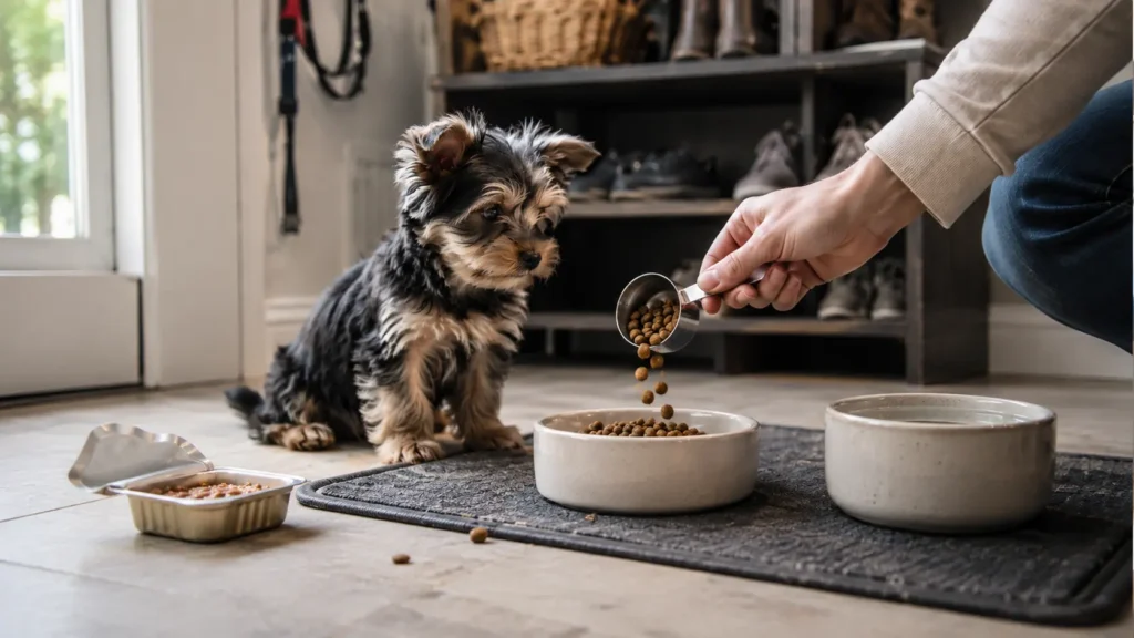 Small breed puppy food being measured into a bowl for a tiny puppy, with wet puppy food nearby
