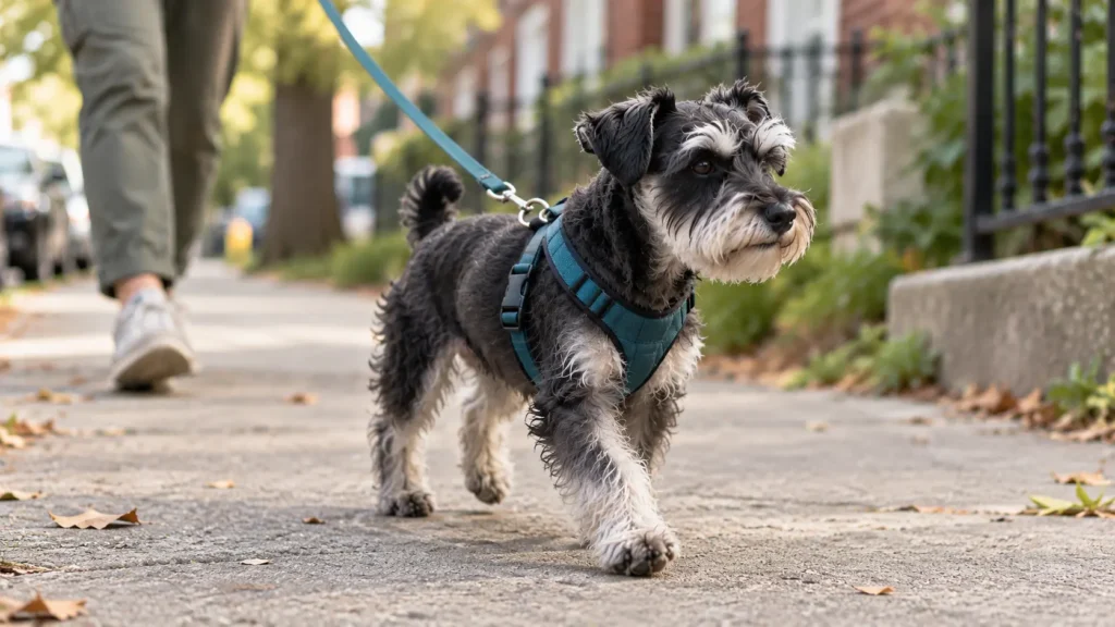 Small black-and-silver Miniature Schnauzer wearing a teal-blue harness while walking on a neighborhood sidewalk.