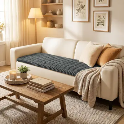 Dark grey textured Smiry furniture cover laid across the seat cushions of a light-colored sofa.