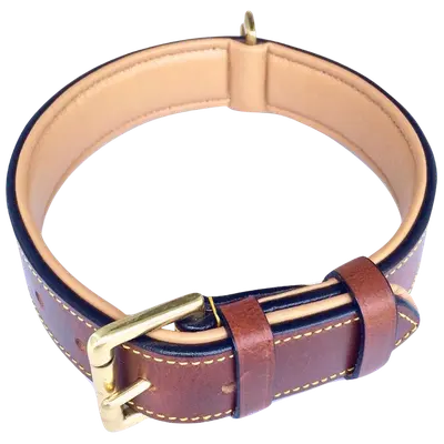 Brown Soft Touch padded leather dog collar with cream lining, brass buckle and separate leash ring