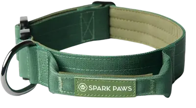 Green Spark Paws tactical dog collar with metal buckle and wide grab handle