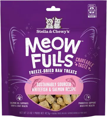 Bag of Stella & Chewy’s Meowfulls Whitefish and Salmon freeze-dried cat treats